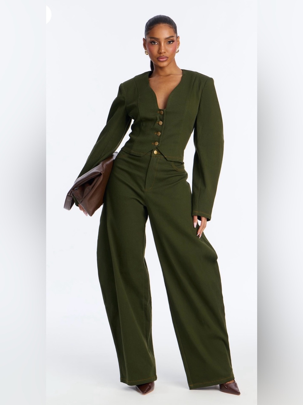 Cecilly Twill Barrel Pant Set -  Green